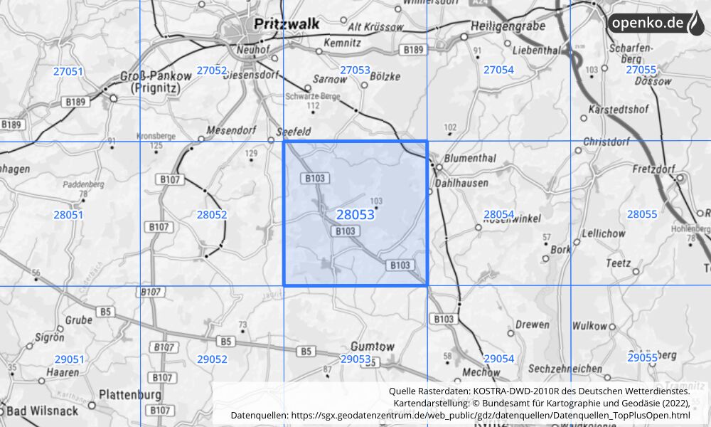 Übersichtskarte KOSTRA-DWD-2010R Rasterfeld Nr. 28053 mit angrenzenden Feldern