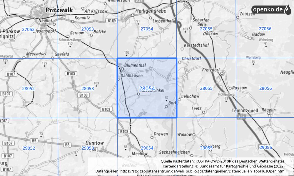 Übersichtskarte KOSTRA-DWD-2010R Rasterfeld Nr. 28054 mit angrenzenden Feldern