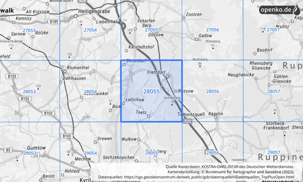 Übersichtskarte KOSTRA-DWD-2010R Rasterfeld Nr. 28055 mit angrenzenden Feldern