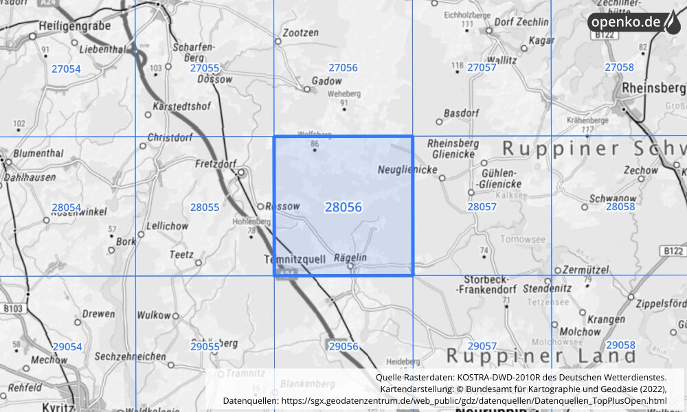 Übersichtskarte KOSTRA-DWD-2010R Rasterfeld Nr. 28056 mit angrenzenden Feldern