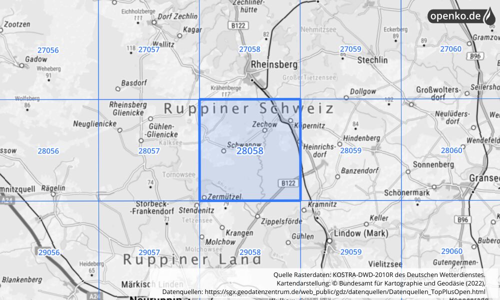 Übersichtskarte KOSTRA-DWD-2010R Rasterfeld Nr. 28058 mit angrenzenden Feldern