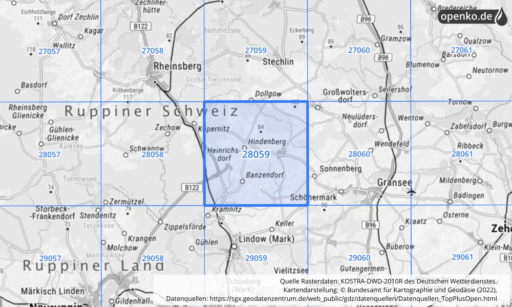 Übersichtskarte KOSTRA-DWD-2010R Rasterfeld Nr. 28059 mit angrenzenden Feldern