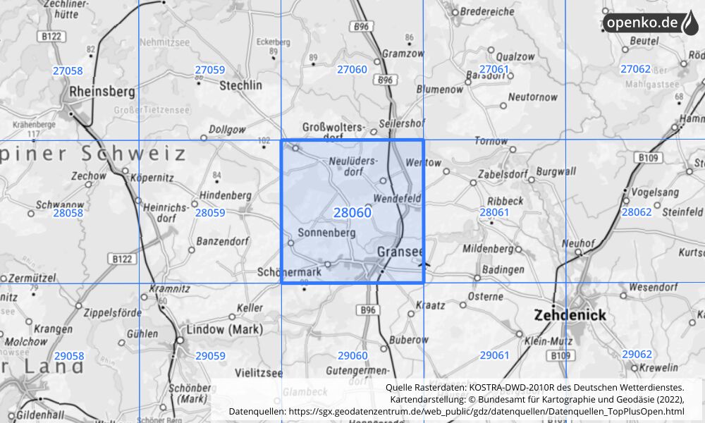 Übersichtskarte KOSTRA-DWD-2010R Rasterfeld Nr. 28060 mit angrenzenden Feldern