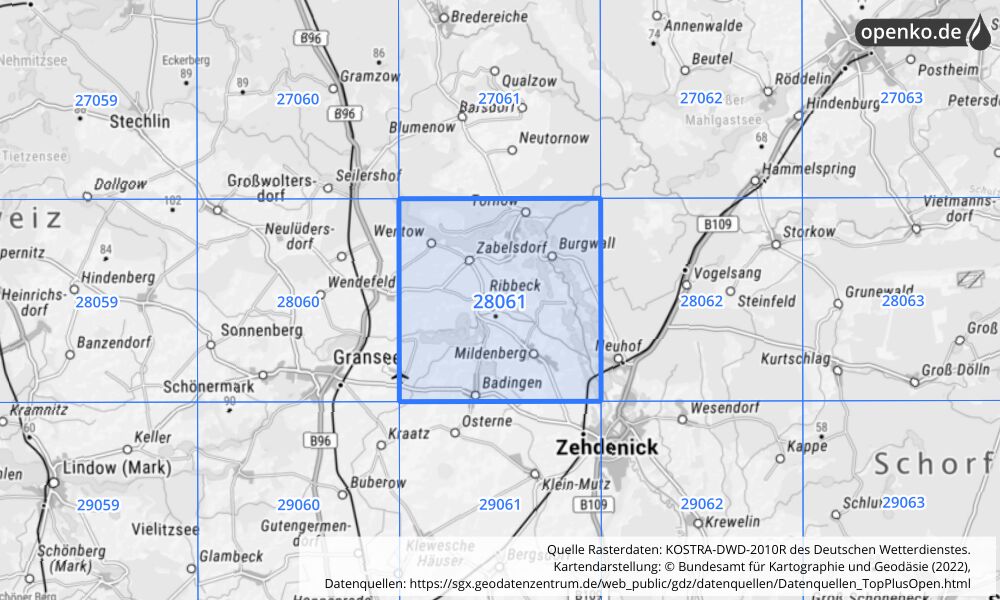 Übersichtskarte KOSTRA-DWD-2010R Rasterfeld Nr. 28061 mit angrenzenden Feldern