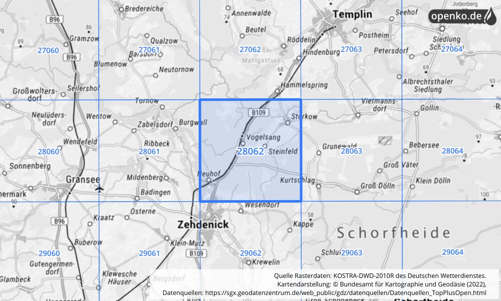 Übersichtskarte KOSTRA-DWD-2010R Rasterfeld Nr. 28062 mit angrenzenden Feldern