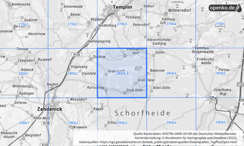 Übersichtskarte KOSTRA-DWD-2010R Rasterfeld Nr. 28063 mit angrenzenden Feldern