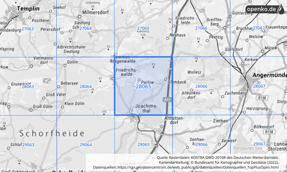 Übersichtskarte KOSTRA-DWD-2010R Rasterfeld Nr. 28065 mit angrenzenden Feldern