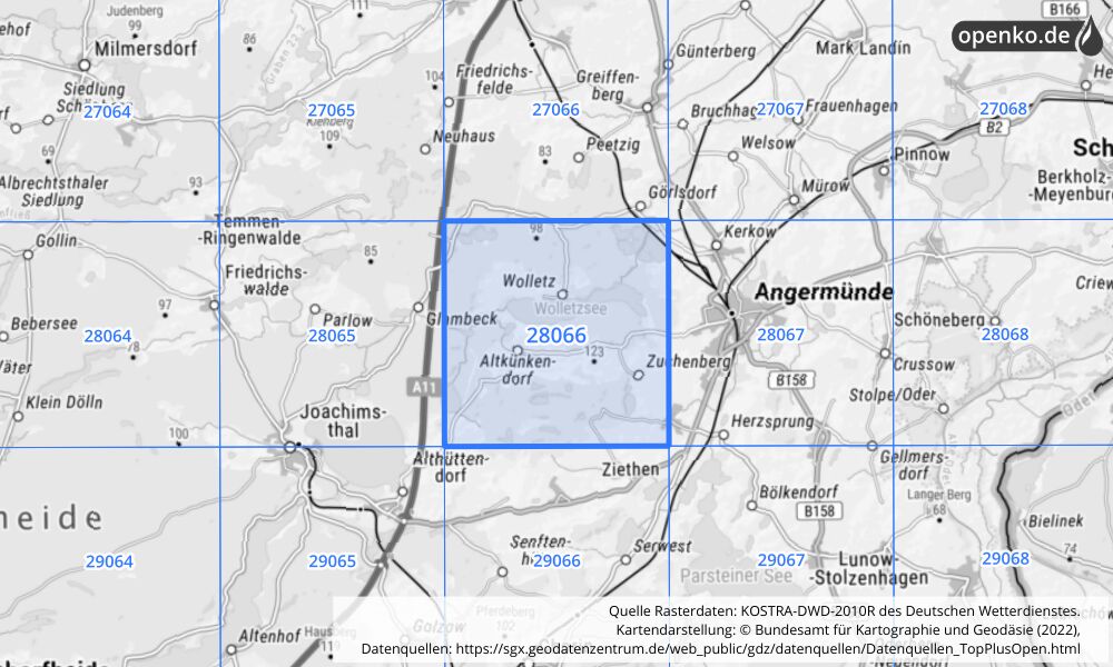 Übersichtskarte KOSTRA-DWD-2010R Rasterfeld Nr. 28066 mit angrenzenden Feldern