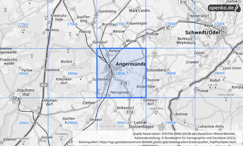 Übersichtskarte KOSTRA-DWD-2010R Rasterfeld Nr. 28067 mit angrenzenden Feldern