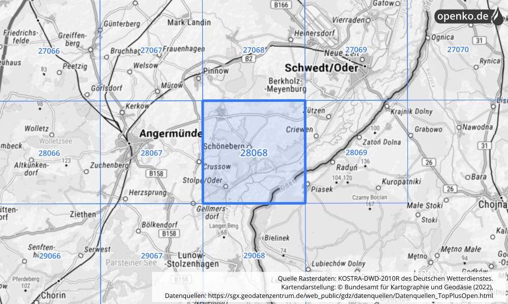 Übersichtskarte KOSTRA-DWD-2010R Rasterfeld Nr. 28068 mit angrenzenden Feldern