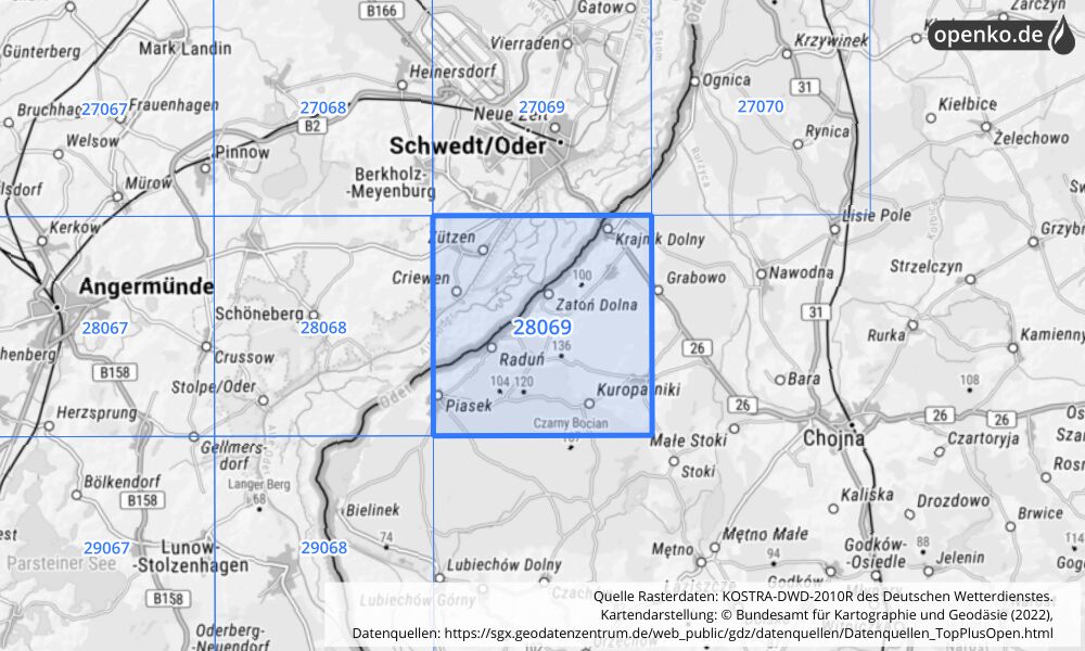 Übersichtskarte KOSTRA-DWD-2010R Rasterfeld Nr. 28069 mit angrenzenden Feldern