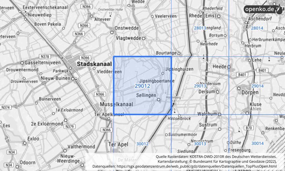 Übersichtskarte KOSTRA-DWD-2010R Rasterfeld Nr. 29012 mit angrenzenden Feldern