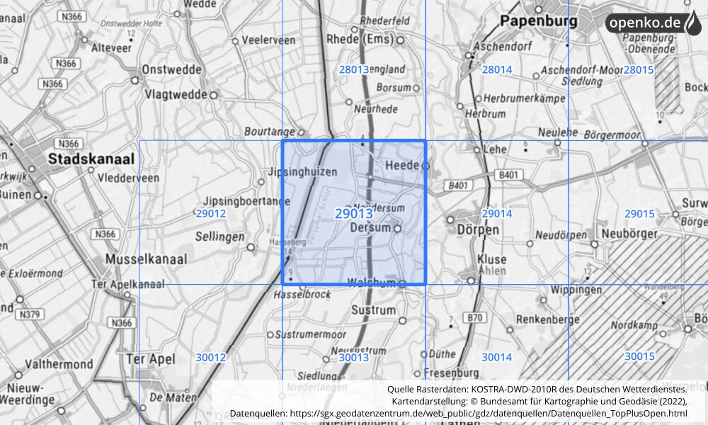 Übersichtskarte KOSTRA-DWD-2010R Rasterfeld Nr. 29013 mit angrenzenden Feldern