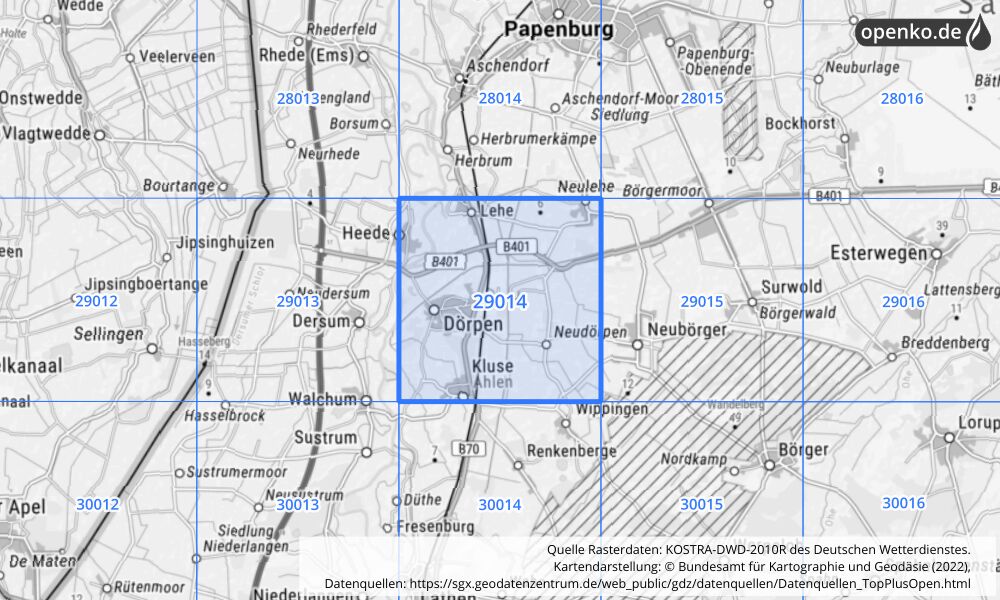 Übersichtskarte KOSTRA-DWD-2010R Rasterfeld Nr. 29014 mit angrenzenden Feldern