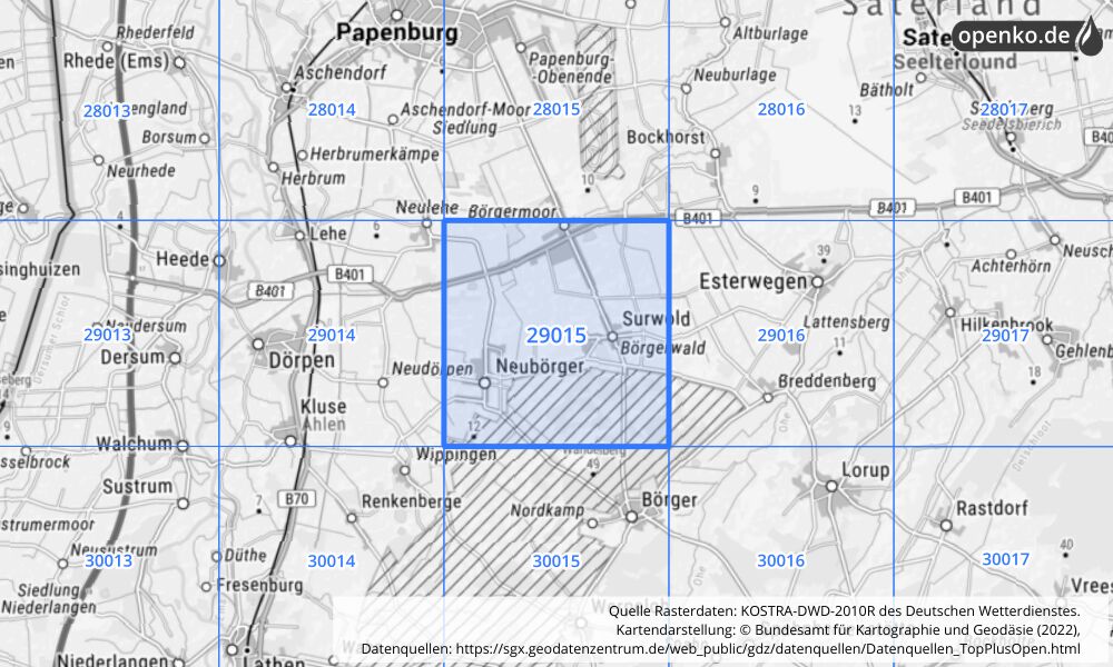 Übersichtskarte KOSTRA-DWD-2010R Rasterfeld Nr. 29015 mit angrenzenden Feldern