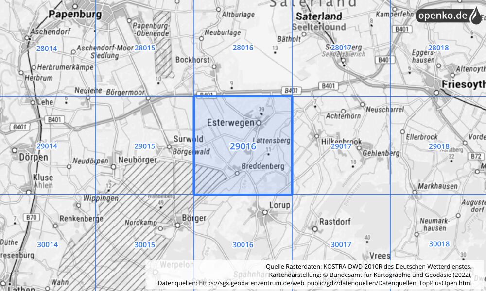 Übersichtskarte KOSTRA-DWD-2010R Rasterfeld Nr. 29016 mit angrenzenden Feldern