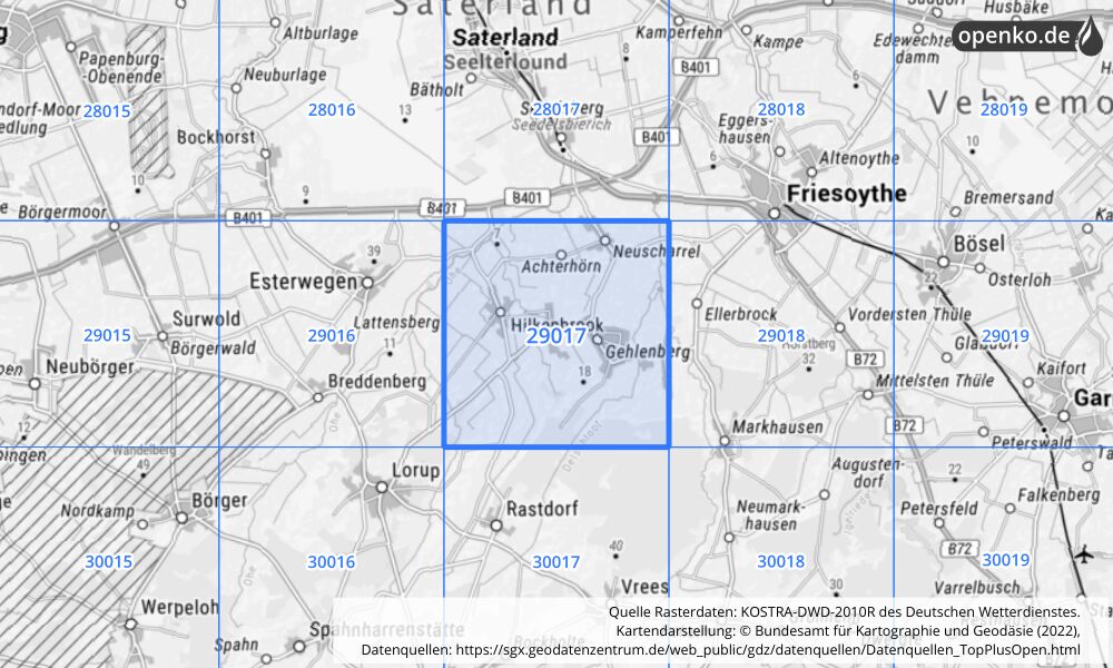 Übersichtskarte KOSTRA-DWD-2010R Rasterfeld Nr. 29017 mit angrenzenden Feldern