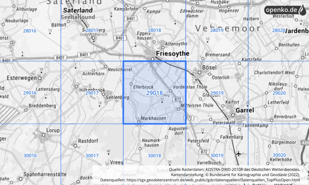 Übersichtskarte KOSTRA-DWD-2010R Rasterfeld Nr. 29018 mit angrenzenden Feldern