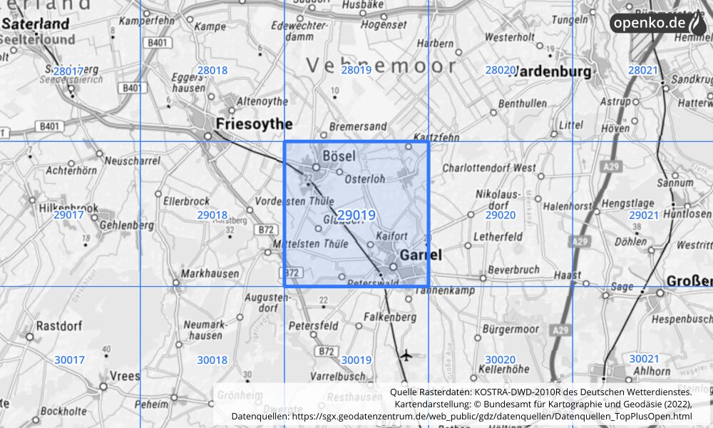 Übersichtskarte KOSTRA-DWD-2010R Rasterfeld Nr. 29019 mit angrenzenden Feldern