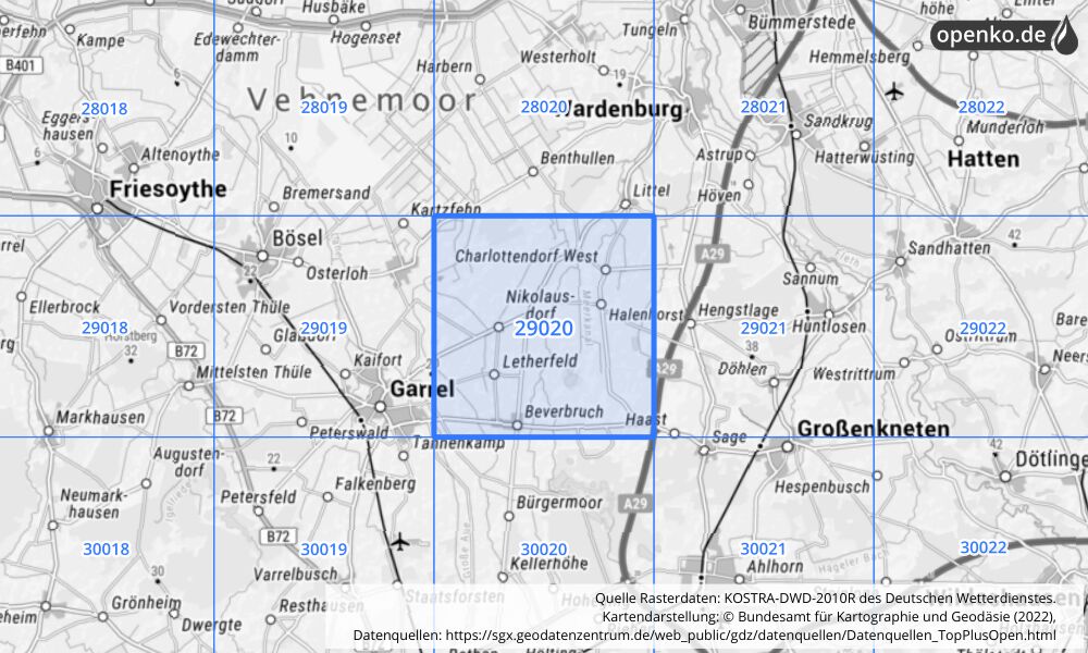 Übersichtskarte KOSTRA-DWD-2010R Rasterfeld Nr. 29020 mit angrenzenden Feldern