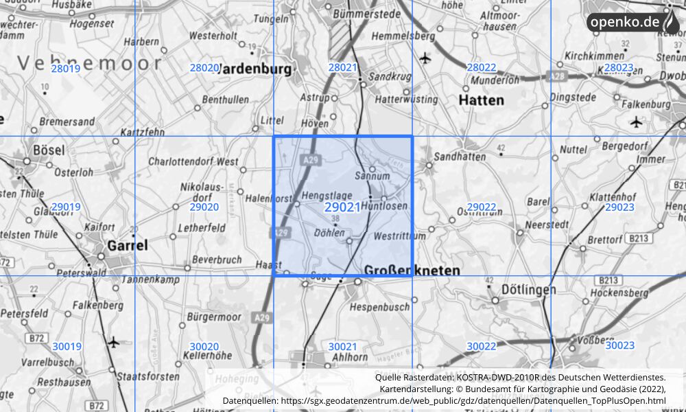 Übersichtskarte KOSTRA-DWD-2010R Rasterfeld Nr. 29021 mit angrenzenden Feldern