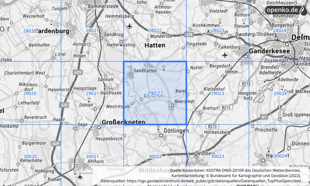 Übersichtskarte KOSTRA-DWD-2010R Rasterfeld Nr. 29022 mit angrenzenden Feldern