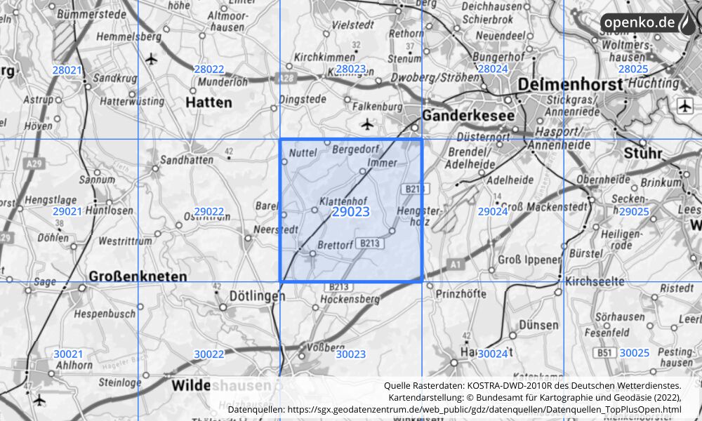 Übersichtskarte KOSTRA-DWD-2010R Rasterfeld Nr. 29023 mit angrenzenden Feldern