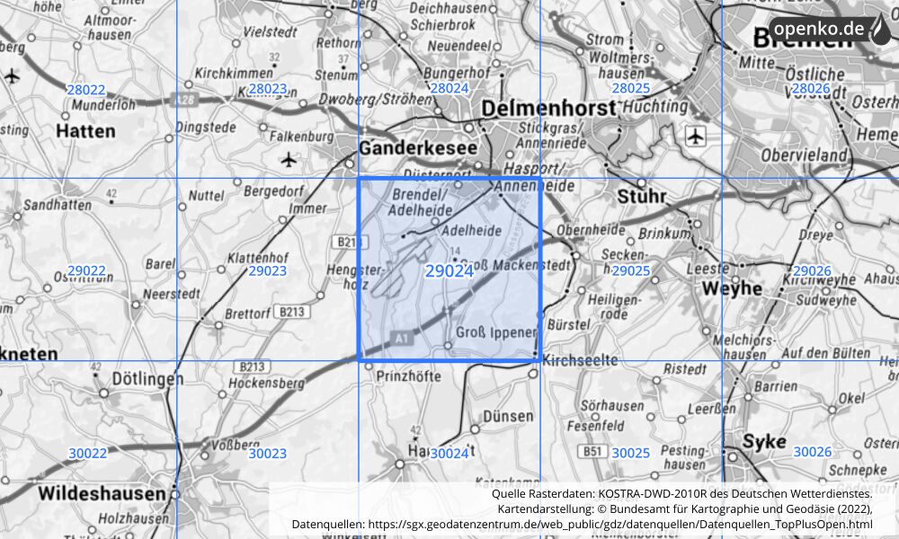 Übersichtskarte KOSTRA-DWD-2010R Rasterfeld Nr. 29024 mit angrenzenden Feldern