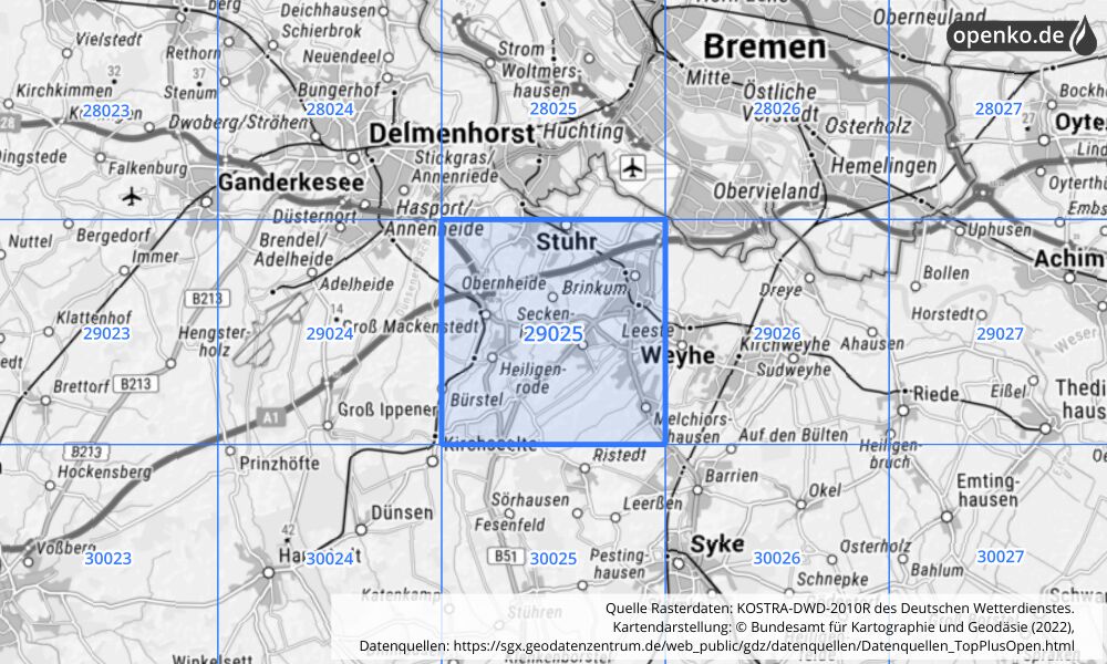 Übersichtskarte KOSTRA-DWD-2010R Rasterfeld Nr. 29025 mit angrenzenden Feldern