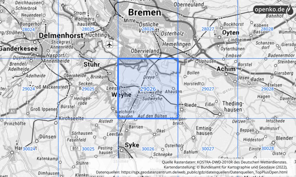 Übersichtskarte KOSTRA-DWD-2010R Rasterfeld Nr. 29026 mit angrenzenden Feldern