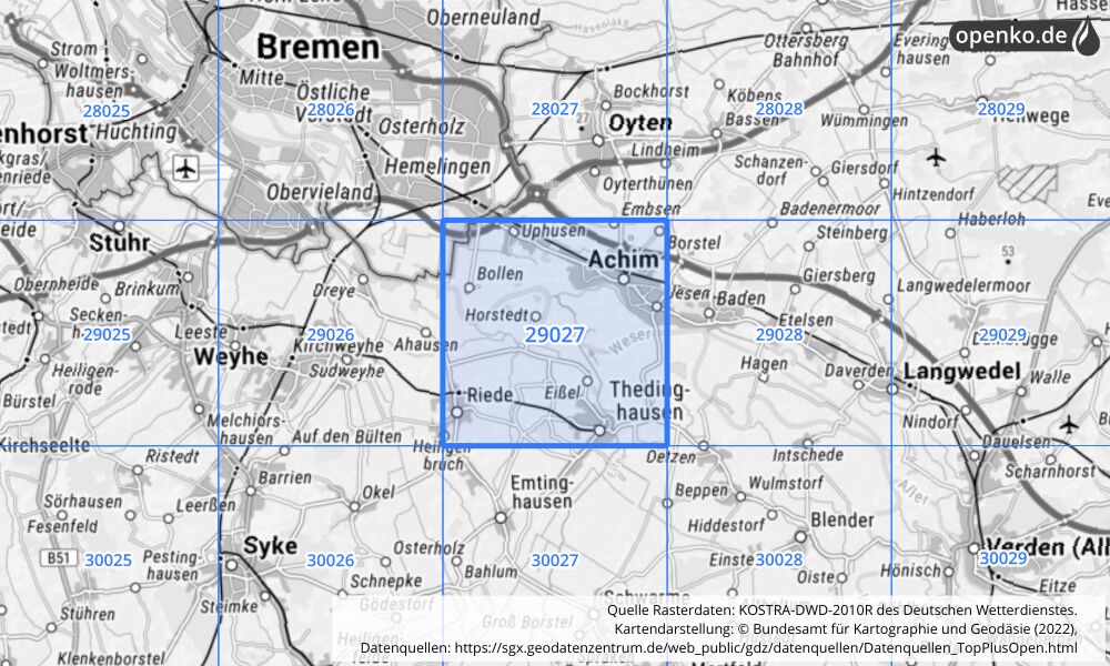 Übersichtskarte KOSTRA-DWD-2010R Rasterfeld Nr. 29027 mit angrenzenden Feldern