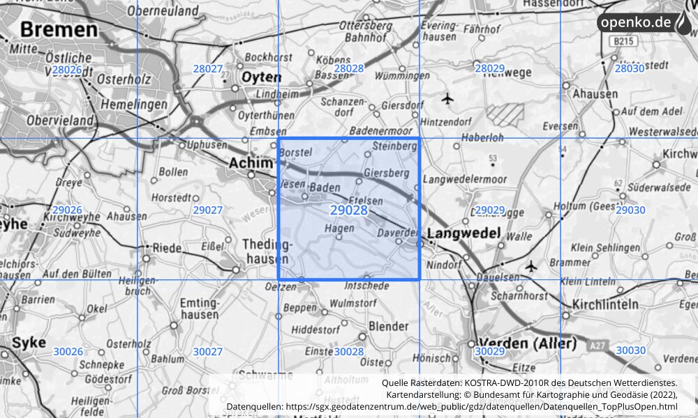 Übersichtskarte KOSTRA-DWD-2010R Rasterfeld Nr. 29028 mit angrenzenden Feldern