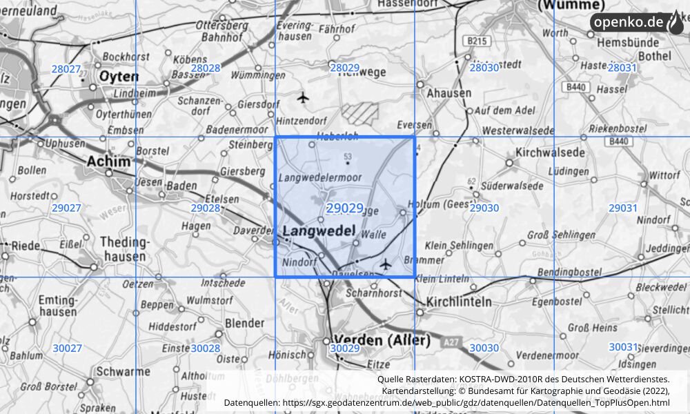 Übersichtskarte KOSTRA-DWD-2010R Rasterfeld Nr. 29029 mit angrenzenden Feldern