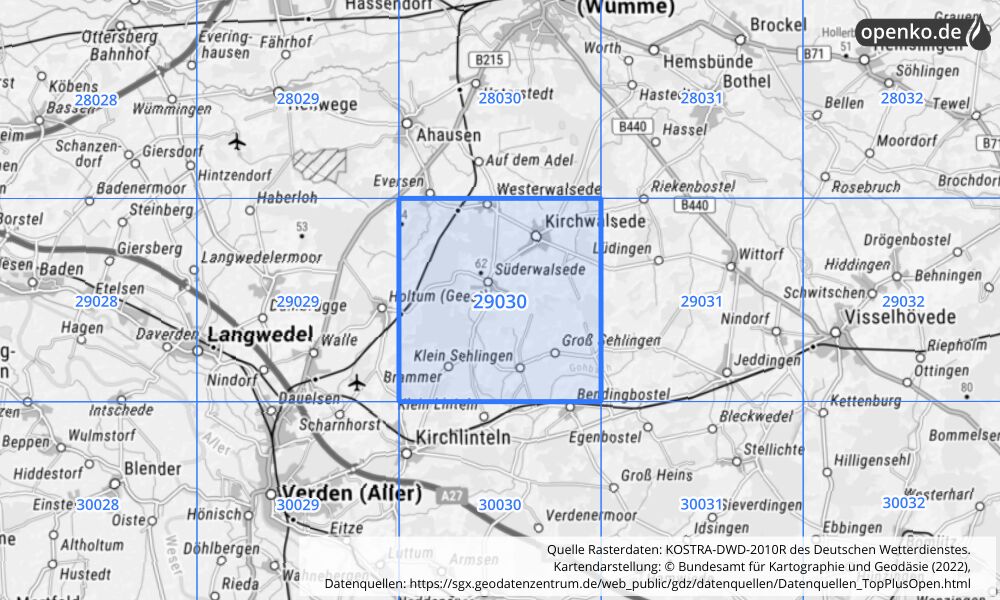 Übersichtskarte KOSTRA-DWD-2010R Rasterfeld Nr. 29030 mit angrenzenden Feldern