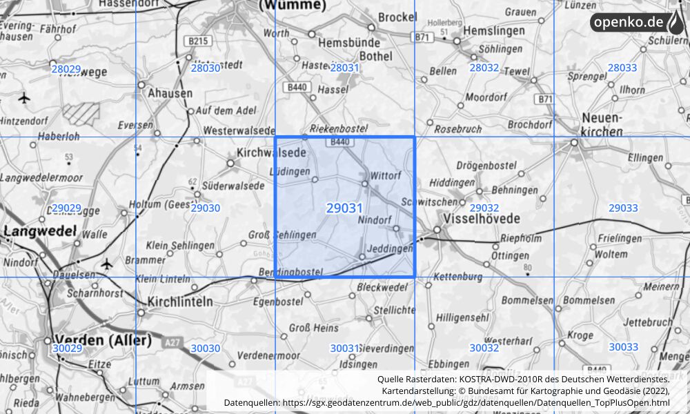 Übersichtskarte KOSTRA-DWD-2010R Rasterfeld Nr. 29031 mit angrenzenden Feldern