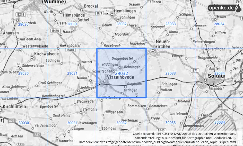 Übersichtskarte KOSTRA-DWD-2010R Rasterfeld Nr. 29032 mit angrenzenden Feldern