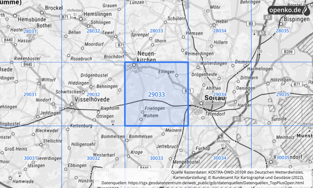 Übersichtskarte KOSTRA-DWD-2010R Rasterfeld Nr. 29033 mit angrenzenden Feldern