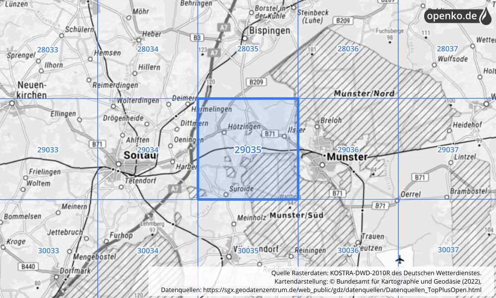 Übersichtskarte KOSTRA-DWD-2010R Rasterfeld Nr. 29035 mit angrenzenden Feldern