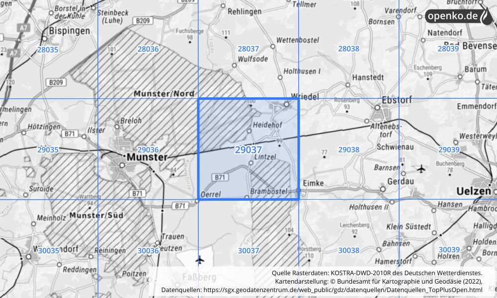 Übersichtskarte KOSTRA-DWD-2010R Rasterfeld Nr. 29037 mit angrenzenden Feldern