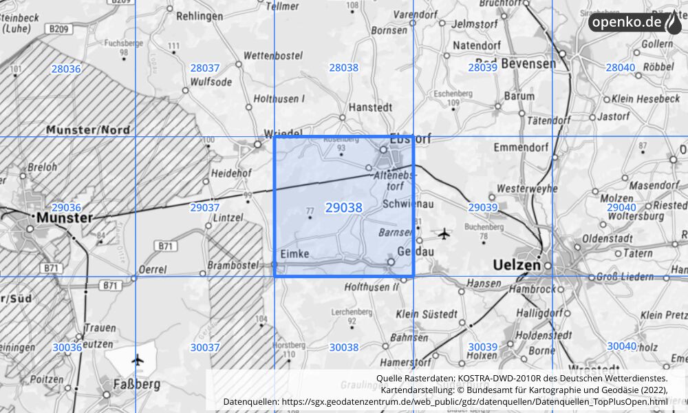 Übersichtskarte KOSTRA-DWD-2010R Rasterfeld Nr. 29038 mit angrenzenden Feldern