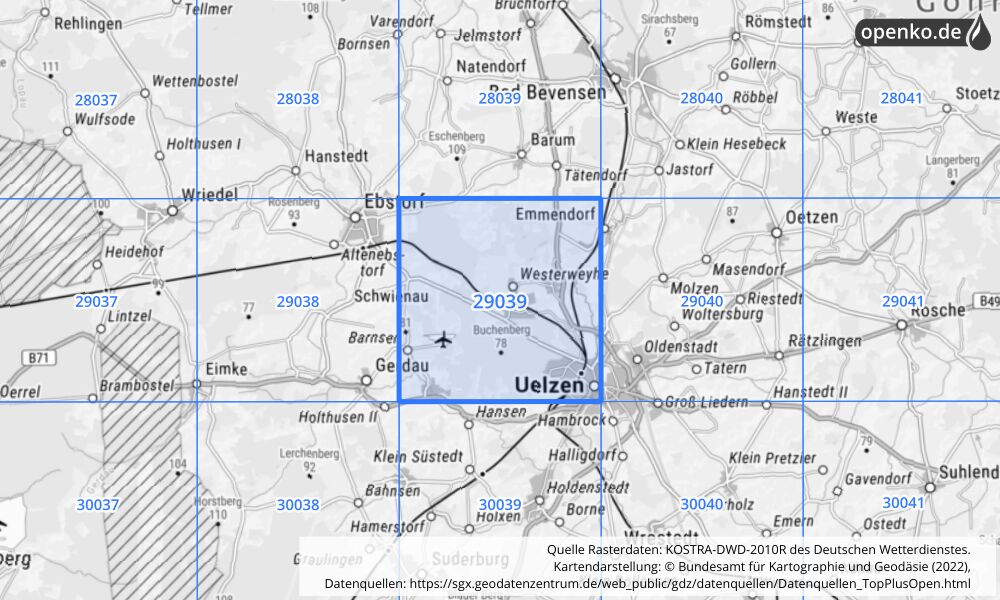 Übersichtskarte KOSTRA-DWD-2010R Rasterfeld Nr. 29039 mit angrenzenden Feldern