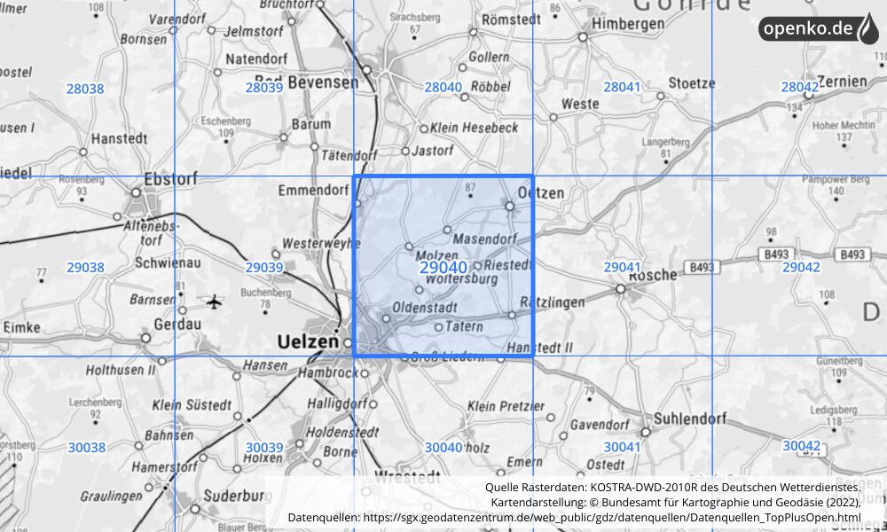 Übersichtskarte KOSTRA-DWD-2010R Rasterfeld Nr. 29040 mit angrenzenden Feldern