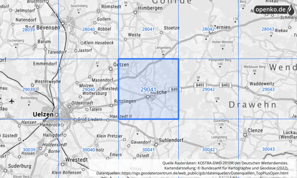 Übersichtskarte KOSTRA-DWD-2010R Rasterfeld Nr. 29041 mit angrenzenden Feldern