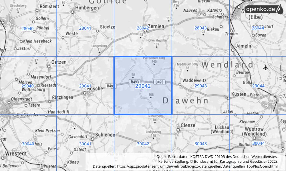 Übersichtskarte KOSTRA-DWD-2010R Rasterfeld Nr. 29042 mit angrenzenden Feldern