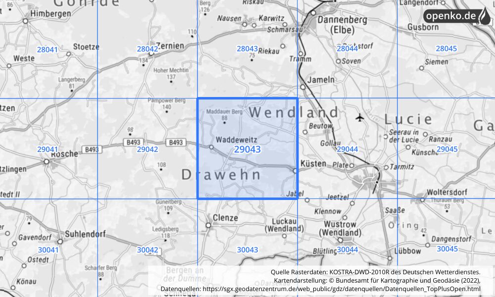 Übersichtskarte KOSTRA-DWD-2010R Rasterfeld Nr. 29043 mit angrenzenden Feldern