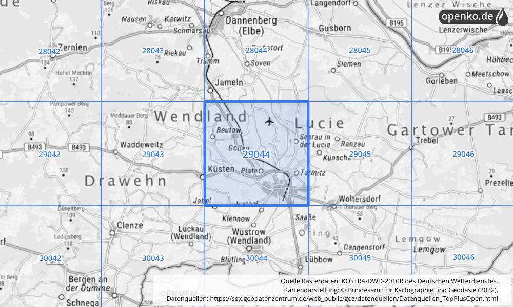 Übersichtskarte KOSTRA-DWD-2010R Rasterfeld Nr. 29044 mit angrenzenden Feldern