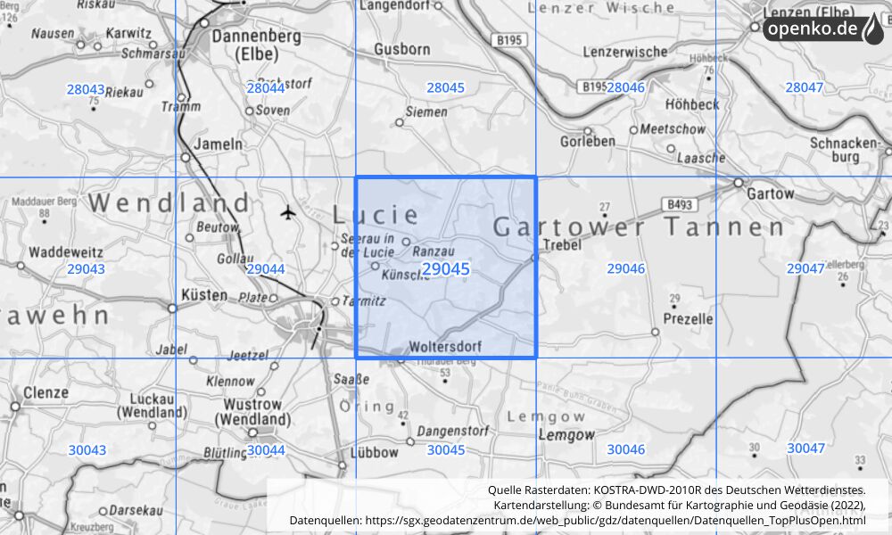 Übersichtskarte KOSTRA-DWD-2010R Rasterfeld Nr. 29045 mit angrenzenden Feldern