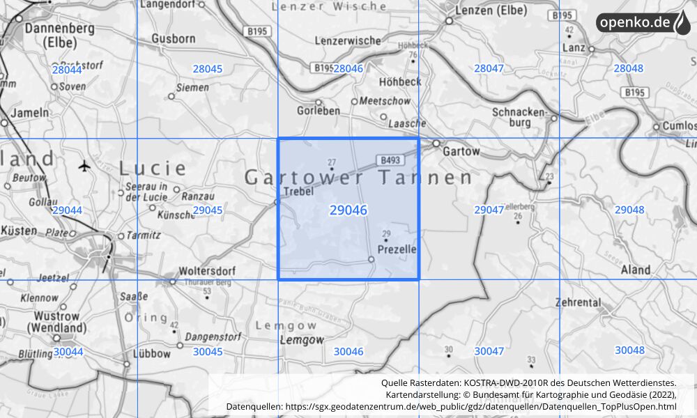 Übersichtskarte KOSTRA-DWD-2010R Rasterfeld Nr. 29046 mit angrenzenden Feldern