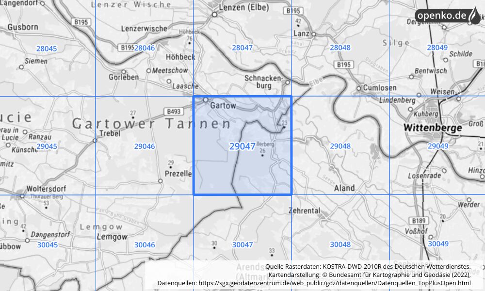 Übersichtskarte KOSTRA-DWD-2010R Rasterfeld Nr. 29047 mit angrenzenden Feldern