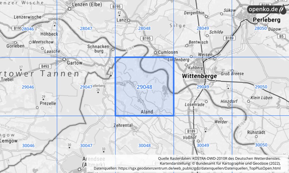 Übersichtskarte KOSTRA-DWD-2010R Rasterfeld Nr. 29048 mit angrenzenden Feldern